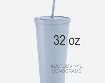 Blank 32 oz Soft Matte Dusty Blue Extra Large Tumbler with Screw on Lid & Straw for Crafting