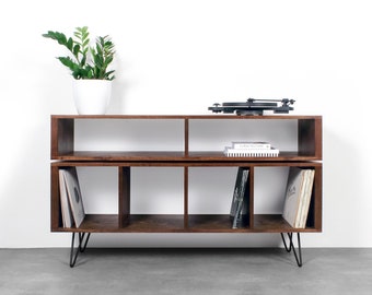 Large Vinyl Storage, Record Player Console, DJ stand, Solid Ash On Hairpin Legs by Urban Editions "Technic Turntable Stand"
