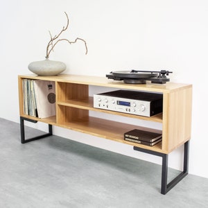 Large Oak TV Stand Or Record Player Stand, Vinyl storage, Solid premium Oak on Minimalist Square Legs. &quot;Asymmetric Media Stand&quot;