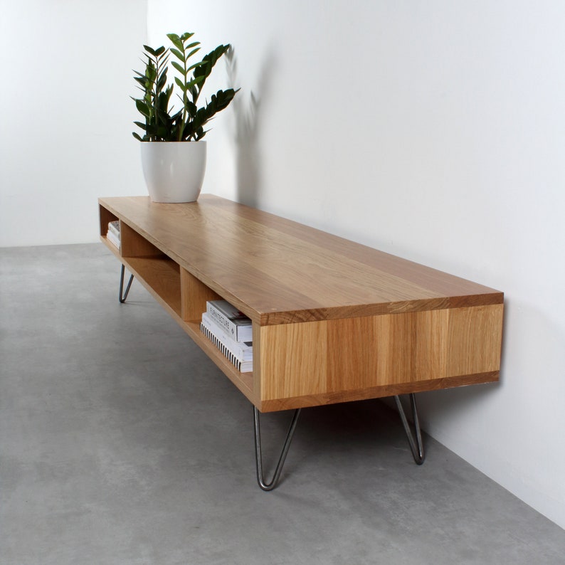 Mid Century low Wide TV Stand Or Coffee Table. Large Minimalist Solid Oak table on Hairpin Legs "Marston Oak" image 5