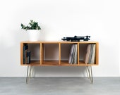 Vinyl Storage Record Player Stand, Solid Iroko African Teak on Brass midcentury Hairpin Legs. quot Condor Small Iroko quot