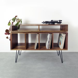 premium Vinyl Storage Record Player Stand, Solid Walnut On midcentury Hairpin Legs. "Kelston Walnut"
