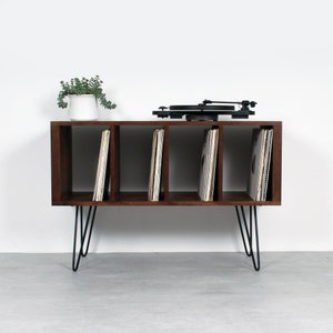 Vinyl Storage Record Player Stand, Solid Dark Stained Ash on Mid Century Hairpin Legs. Condor Ash Small image 3