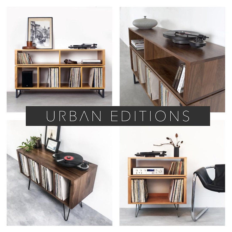 Puede incluir: Cuatro soportes de tocadiscos de madera diferentes con patas de metal negro. Los soportes tienen estantes para guardar discos de vinilo. Los soportes est&aacute;n en varios tonos de madera, incluyendo marr&oacute;n claro y marr&oacute;n oscuro.