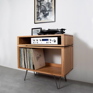 Solid Oak Record Player Stand Vinyl Storage on Mid Century