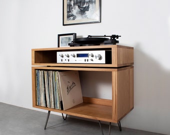 Solid Oak Record Player Stand, Vinyl storage on Mid Century Hairpin Legs, "Oak Stack Record Player Stand"