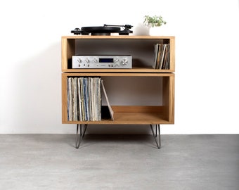 Tall European Oak Record Player Stand, Premium Solid Wood Vinyl Storage on Mid Century Hairpin Legs "Tall Oak Stack Record Player Stand"
