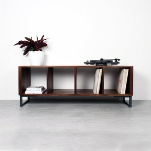 May include: A dark brown wooden record player stand with four shelves and black metal legs. The stand has a turntable on top and records on the shelves. A potted plant is on the left side of the stand.