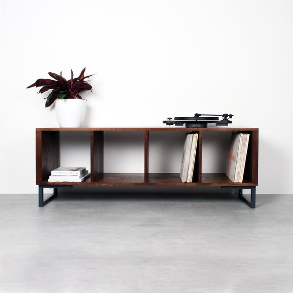 Vinyl Storage Record Player Stand on Minimal Legs, storage bench, Large Solid wood "Condor dark ash"