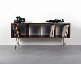 Vinyl Storage Record Player Stand on Hairpin Legs, Large Solid Dark Ash "Condor Vinyl Storage Cabinet"