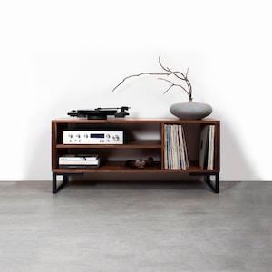 Walnut TV Stand Or Record Player Stand, Vinyl storage, Solid Black Walnut on Minimalist Square Legs. "Asymmetric Media Stand"