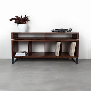 Dark Ash Vinyl Storage Record Player Stand, Large on Minimalist Square Legs. “Kelston Minimalist Dark Ash” turntable unit