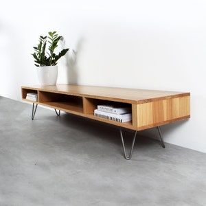 Mid Century low Wide TV Stand Or Coffee Table. Large Minimalist Solid Oak table on Hairpin Legs "Marston Oak" image 2