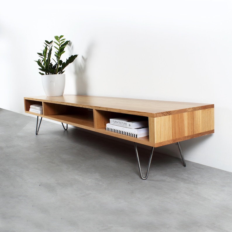Mid Century low Wide TV Stand Or Coffee Table. Large Minimalist Solid Oak table on Hairpin Legs "Marston Oak" image 2