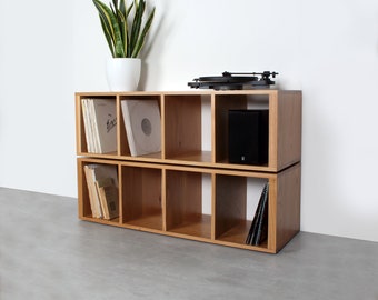 Solid Oak Vinyl Record Cube Storage, record player stand, "Corston" Stacking Cube Storage Shelving Unit Cabinet