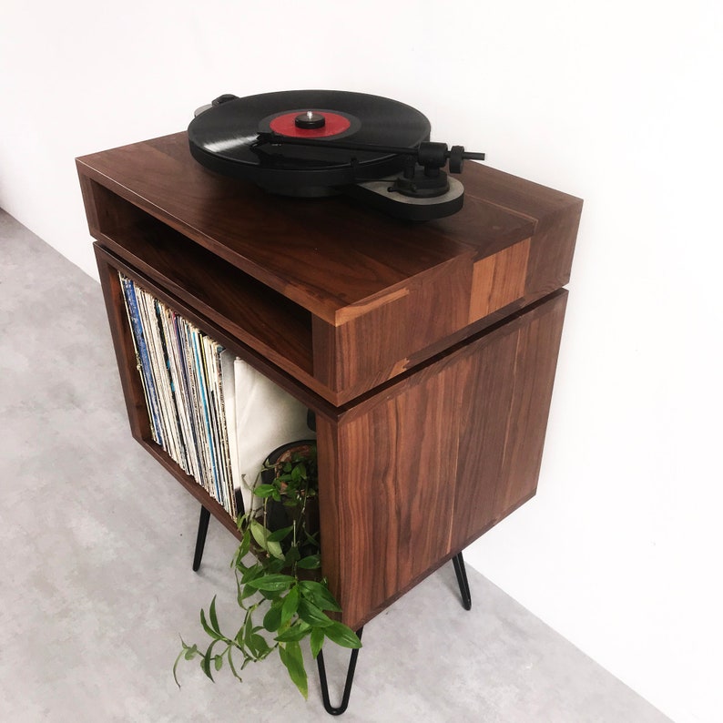 Walnut Record Player Stand Premium Solid Wood Vinyl Storage Etsy