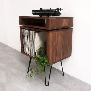 Walnut Record Player Stand, Premium Solid Wood Vinyl Storage on Mid Century Hairpin Legs "Stack Record Player Stand"