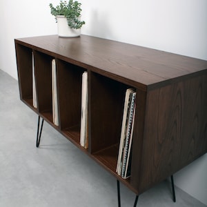 Vinyl Storage Record Player Stand, Solid Dark Stained Ash on Mid Century Hairpin Legs. Condor Ash Small image 4