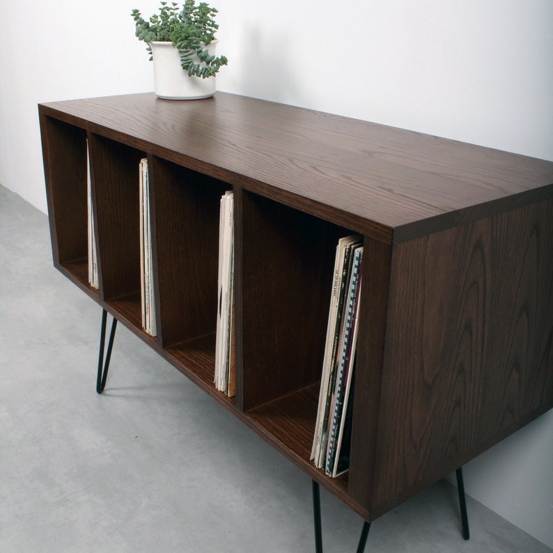 Vinyl Storage Record Player Stand, Solid Dark Stained Ash on Mid Century Hairpin Legs. Condor Ash Small image 4