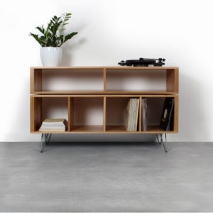 Large Oak Vinyl Storage, Record Player Console, DJ stand, Solid wood Oak On Hairpin Legs by Urban Editions &quot;Technic Turntable Stand&quot; Cabinet