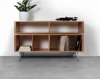 Large Oak Vinyl Storage, Record Player Console, DJ stand, Solid wood Oak On Hairpin Legs by Urban Editions "Technic Turntable Stand" Cabinet