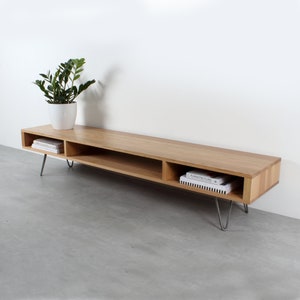 Mid Century low Wide TV Stand Or Coffee Table. Large Minimalist Solid Oak table on Hairpin Legs "Marston Oak" image 3