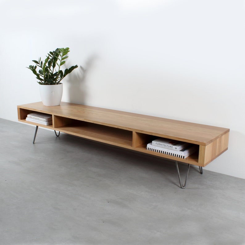Mid Century low Wide TV Stand Or Coffee Table. Large Minimalist Solid Oak table on Hairpin Legs "Marston Oak" image 3
