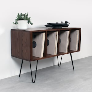 Vinyl Storage Record Player Stand, Solid Dark Stained Ash on Mid Century Hairpin Legs. Condor Ash Small image 2