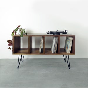 Walnut Vinyl Storage Record Player Stand, Solid Walnut on Mid Century Hairpin Legs. "Condor Hairpin Small"