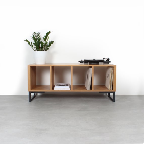 Oak Vinyl Storage Record Player Stand Solid Oak on Minimalist
