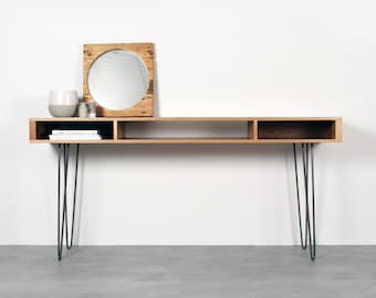 Extra Wide Console Table. Minimalist Solid premium Oak storage desk on Mid Century Hairpin Legs. "Marston Desk"