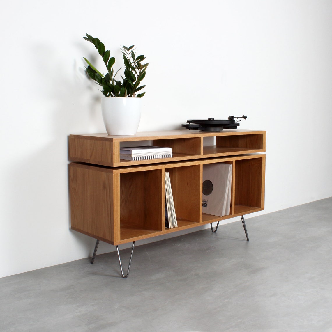 Solid Oak Vinyl Storage Record Player Stand With Media Storage Console ...