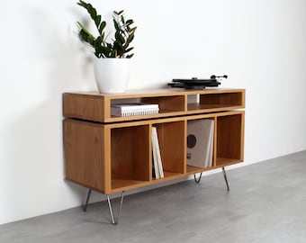 Solid Oak Vinyl Storage Record Player Stand With Media Storage Console. “Kelston Mid Century Oak”