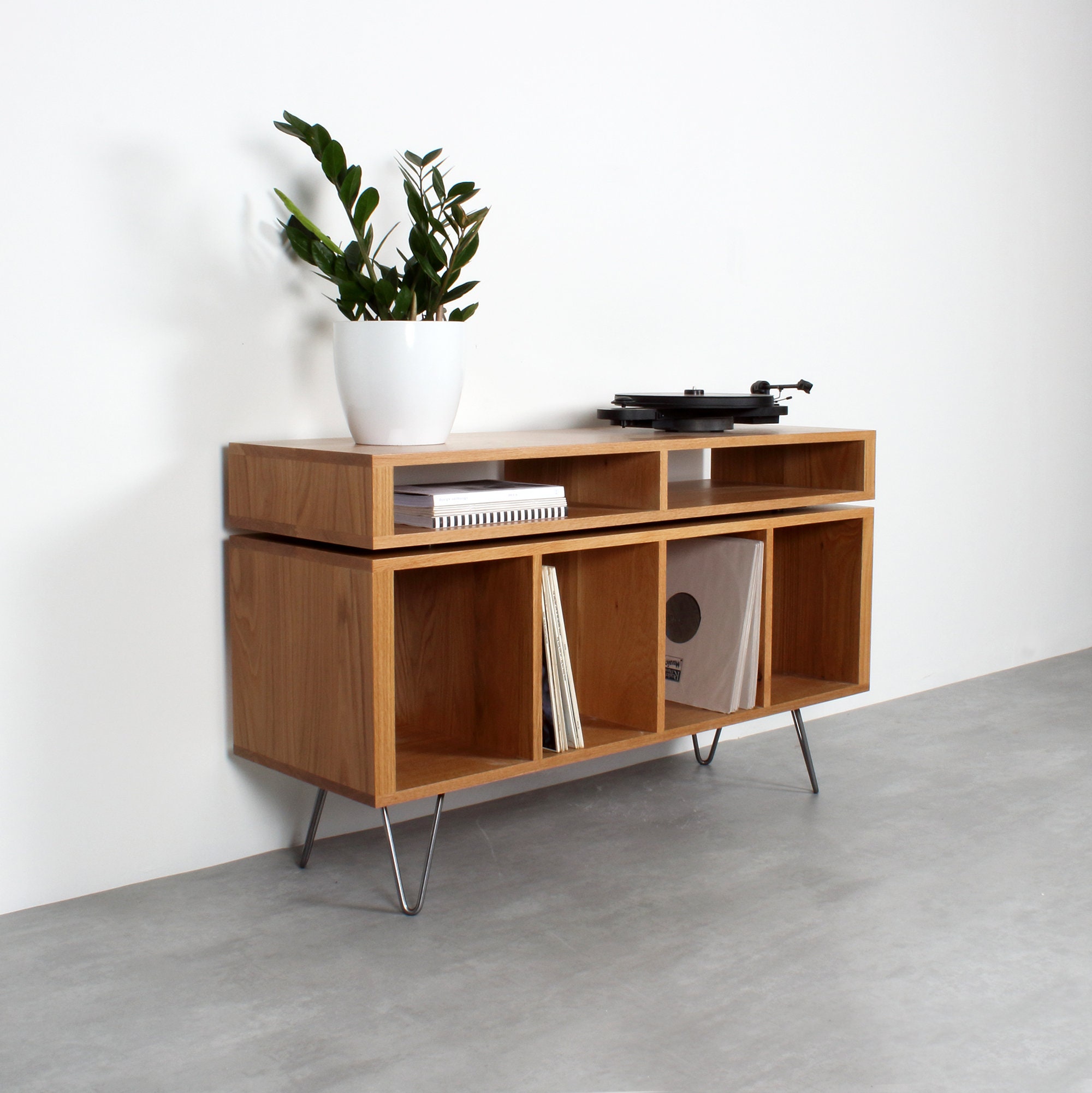 Solid Oak Vinyl Storage Record Player Stand With Media Storage