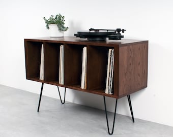 Vinyl Storage Record Player Stand, Solid Dark Stained Ash on Mid Century Hairpin Legs. "Condor Ash Small"
