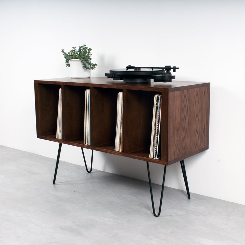 Vinyl Storage Record Player Stand, Solid Dark Stained Ash on Mid Century Hairpin Legs. Condor Ash Small image 1