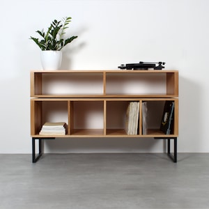 Large Solid Oak Vinyl Storage Turntable Stand, DJ stand, Minimalist Style, on square frame legs &quot;Technic Turntable Stand&quot; furniture unit