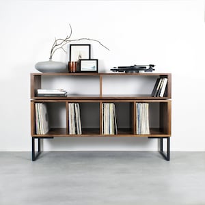 Large Solid Walnut Vinyl Storage DJ Turntable Stand, Minimalist Style, on square frame legs &quot;Technic Turntable Stand&quot;