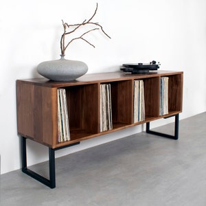 Large Walnut Vinyl Storage Record Player Stand, Solid Walnut on Minimalist Square Legs. "Condor Vinyl Storage Cabinet"