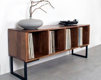 Walnut Vinyl Storage Record Player Stand, Solid Walnut Wood on Minimalist Square Legs. "Condor Vinyl Storage Cabinet"