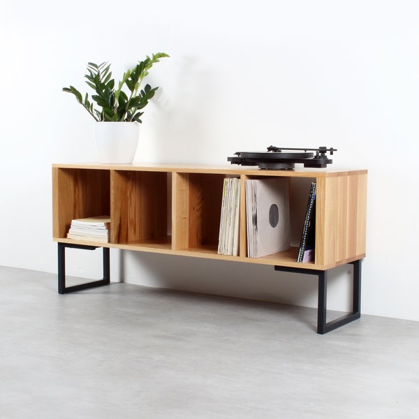Large Oak Vinyl Storage Record Player Stand, Solid Oak on Minimalist Square Legs "Condor Oak".