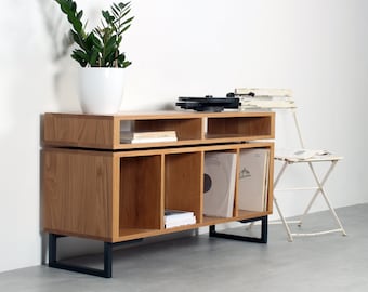 Soporte para tocadiscos de vinilo de roble macizo, estilo minimalista con patas de marco cuadrado, varios tamaños "Kelston Minimalist"