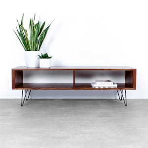 Large TV media Stand or Coffee Table with storage On Mid Century Hairpin Legs, Dark Ash &quot;Henley&quot;