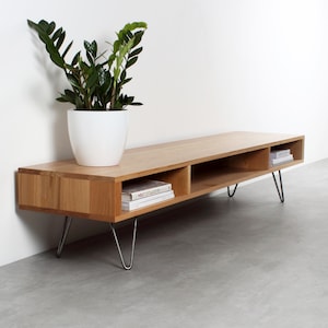 Mid Century low Wide TV Stand Or Coffee Table. Large Minimalist Solid Oak table on Hairpin Legs "Marston Oak" image 4