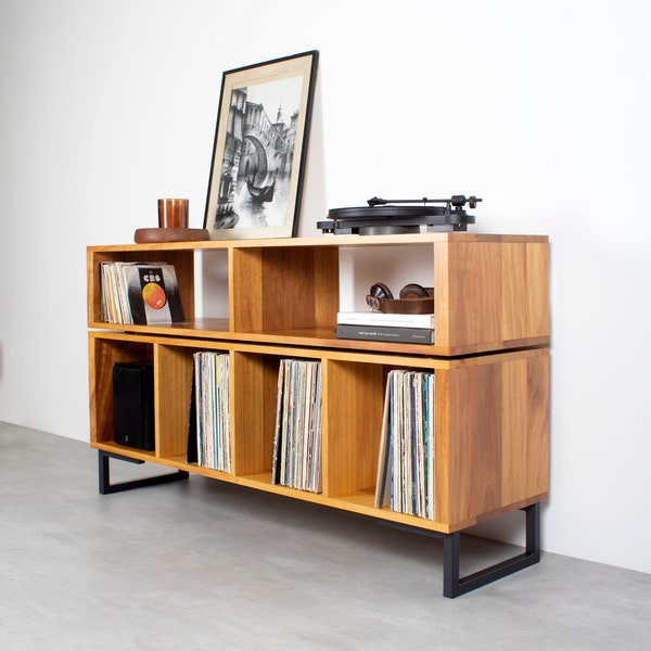 Large Turntable Stand and Vinyl Record Storage, DJ stand, Iroko African Teak Wood "Technic Turntable Stand"