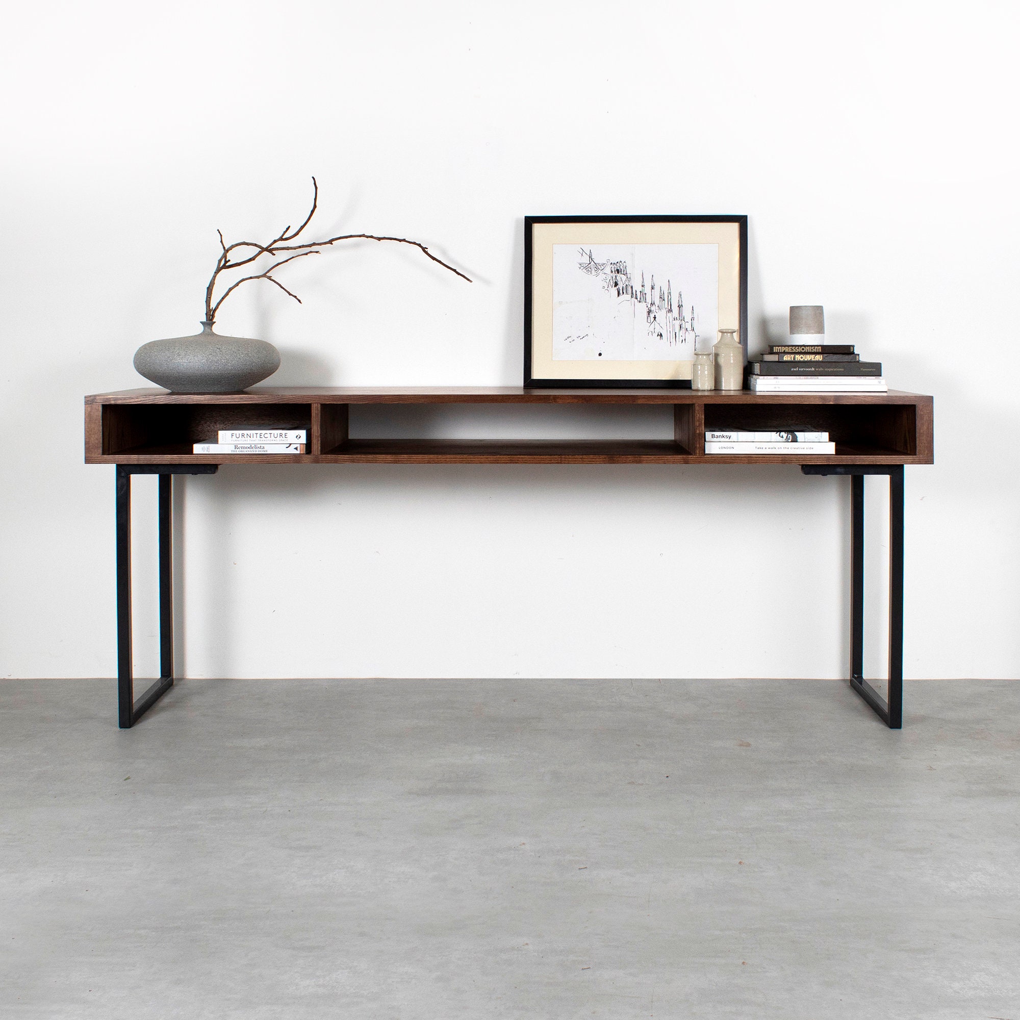 Extra Wide Console Table, Minimalist Desk or Entryway Table, Dark Ash Solid  Wood on Square Frame Legs. marston Desk 