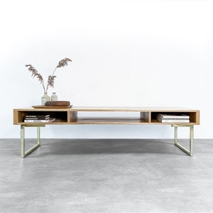 Extra Wide Solid Oak TV Stand Or Coffee Table on Brass Square Legs. Minimalist Low Design &quot;Marston Minimalist Oak&quot;