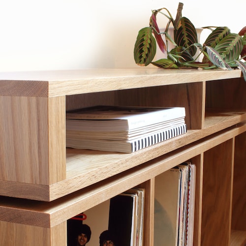 Large Oak Vinyl Storage Record Player Stand, Solid Oak on
