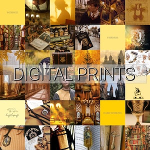 May include: A digital collage of images related to the Harry Potter universe. The collage features images of the Hogwarts crest, potions, a golden snitch, and the Hogwarts castle. The text "DIGITAL PRINTS" is displayed in the center of the collage.