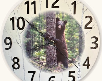 Handmade Black Bear Clock, Birch Tree Woodland Lodge Decor, Rustic Cabin Wildlife Art